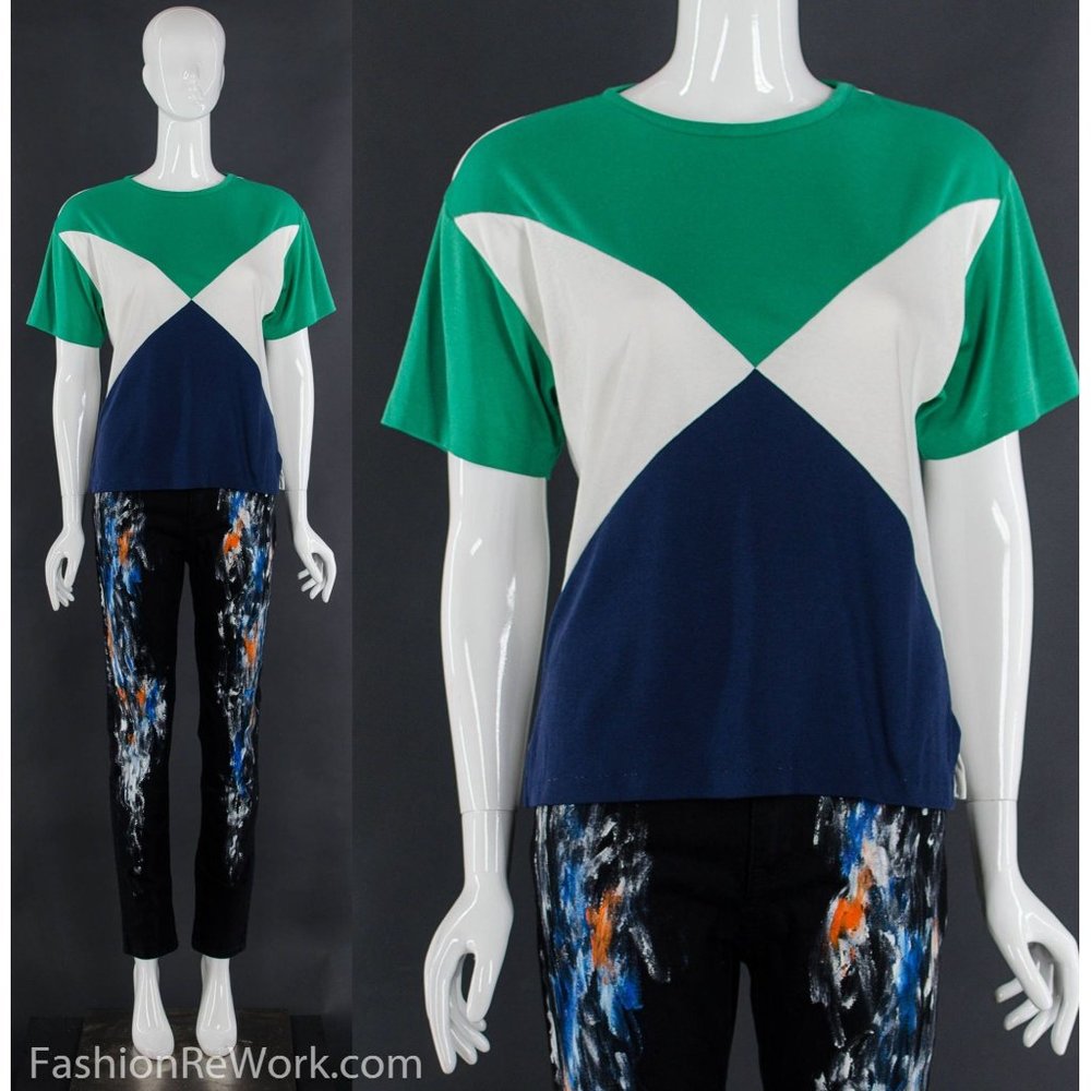 80's Color Block Triangular T-Shirt Geometric Gre… - image 1